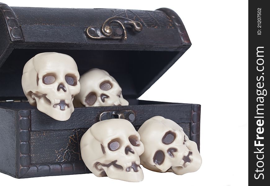 Plastic human skulls in a wooden chest