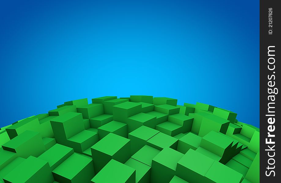 Render of an abstract cube background with a blue sky