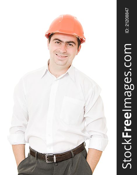 A successful businessman in the helmet on a white background. A successful businessman in the helmet on a white background