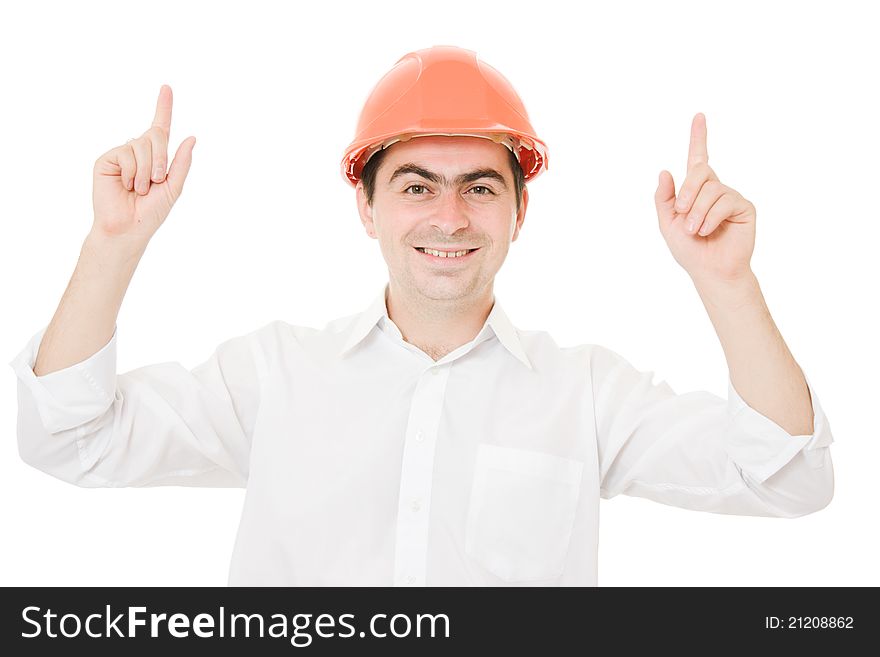 Businessman wearing a helmet shows up on a white background