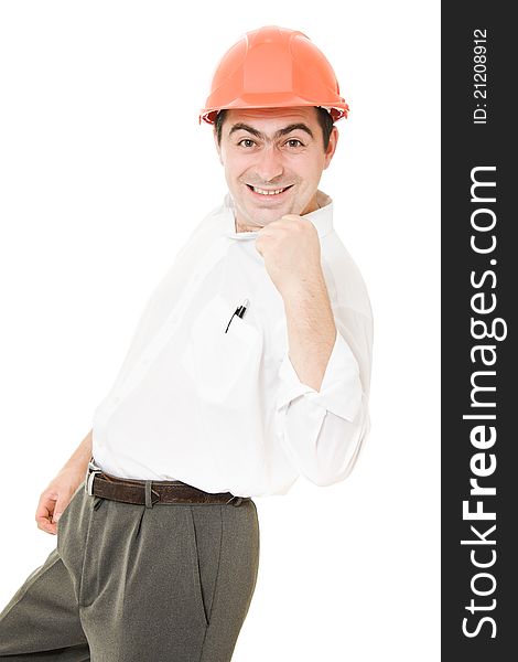 A successful businessman in the helmet on a white background. A successful businessman in the helmet on a white background
