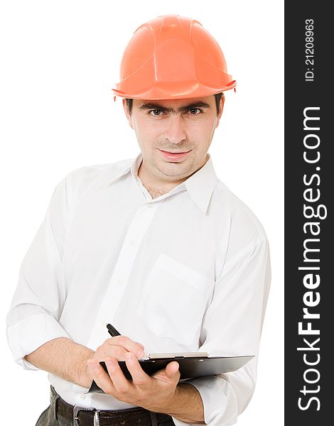 Busy businessman in his helmet on a white background.