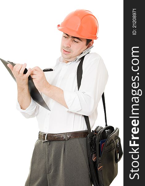 Busy businessman in his helmet on a white background.