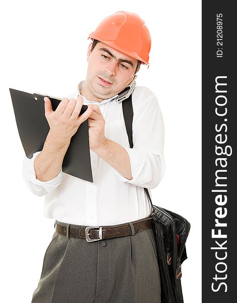 Busy businessman in his helmet on a white background.