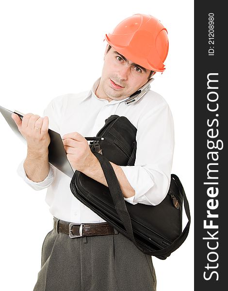Busy businessman in his helmet on a white background.