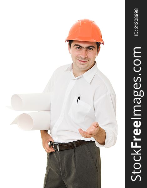 Businessman in helmet with drawings on a white background.