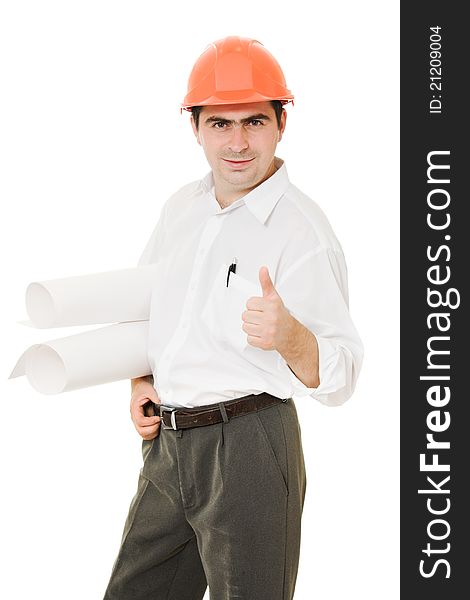 Businessman In Helmet With Drawings