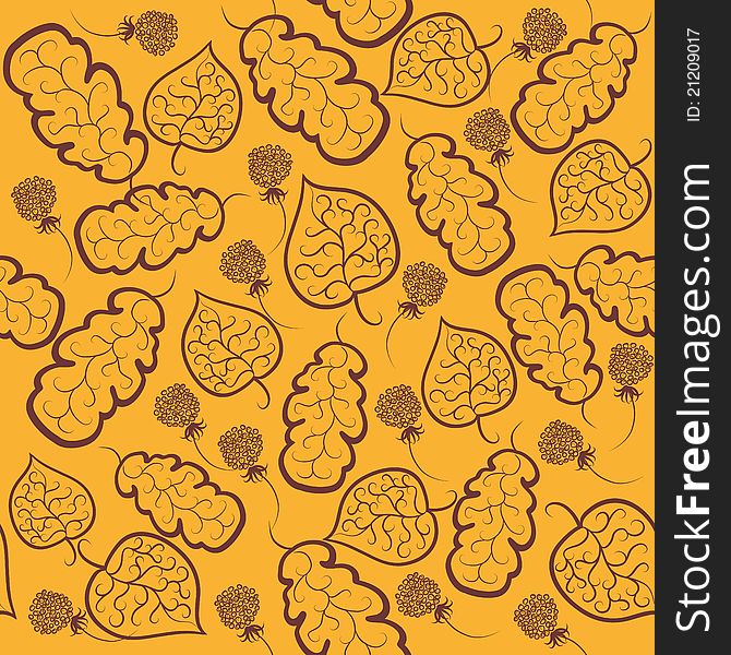 Abstract autumn background. Leaves and flowers on a yellow background. Seamless pattern.
