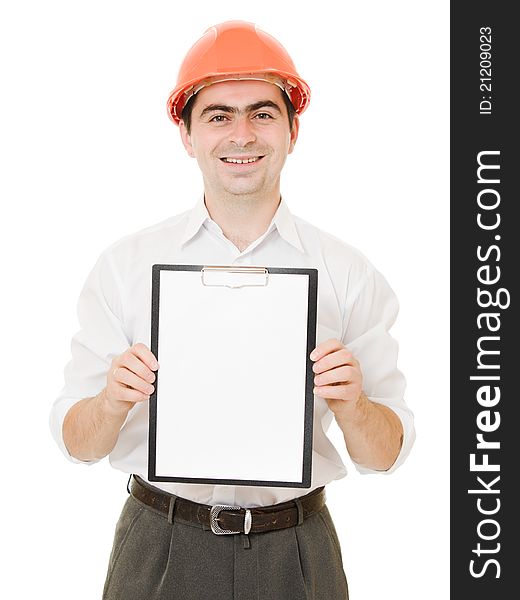 Businessman in helmet shows the blank page on a white background.