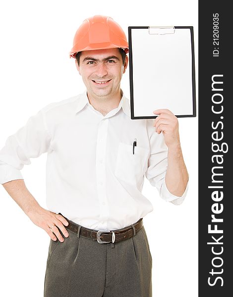 Businessman in helmet shows the blank page on a white background.