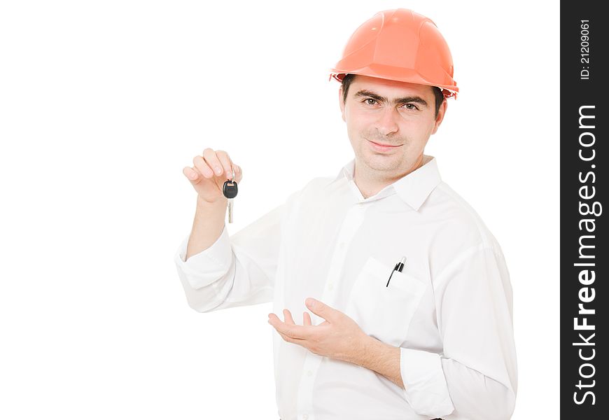 Businessman with a key in the helmet on a white background. Businessman with a key in the helmet on a white background.