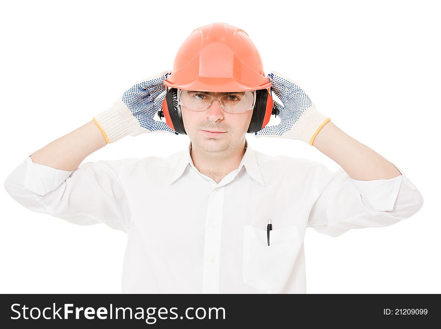 Businessman in a helmet on a white background.