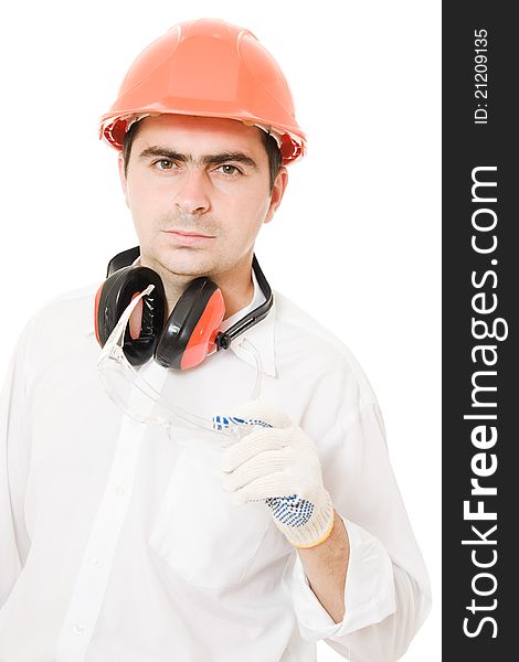 Businessman in a helmet on a white background.