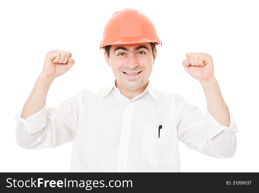 A successful businessman in his helmet on a white background. A successful businessman in his helmet on a white background.