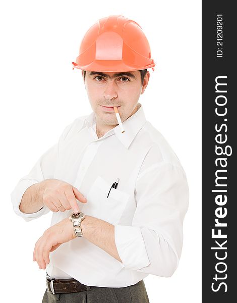 Businessman in a helmet with a cigarette on a white background. Businessman in a helmet with a cigarette on a white background.