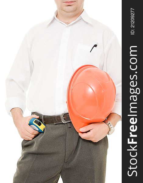 Businessman with his helmet in his hand on a white background. Businessman with his helmet in his hand on a white background.