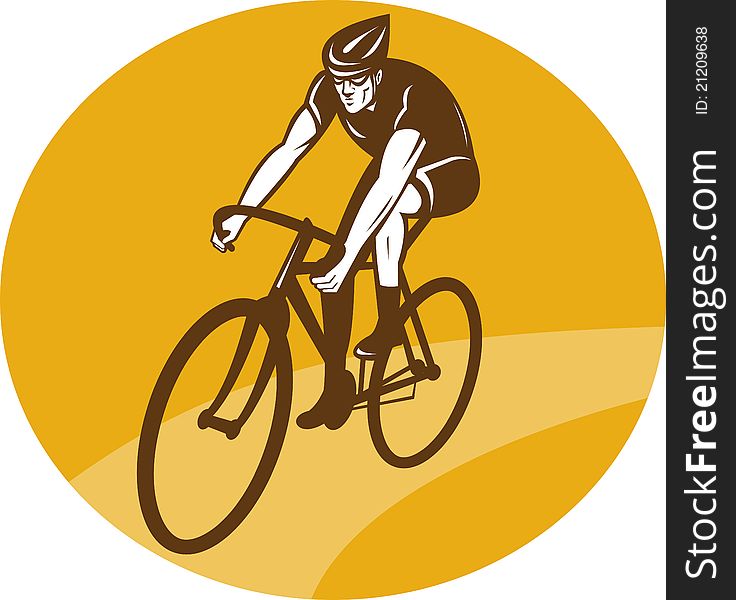Illustration of a Cyclist riding racing bike set inside oval viewed from front done in retro woodcut style.