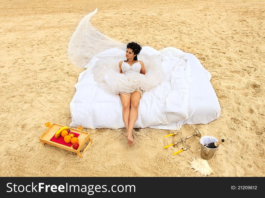 Bride In Bed At The Coastline.