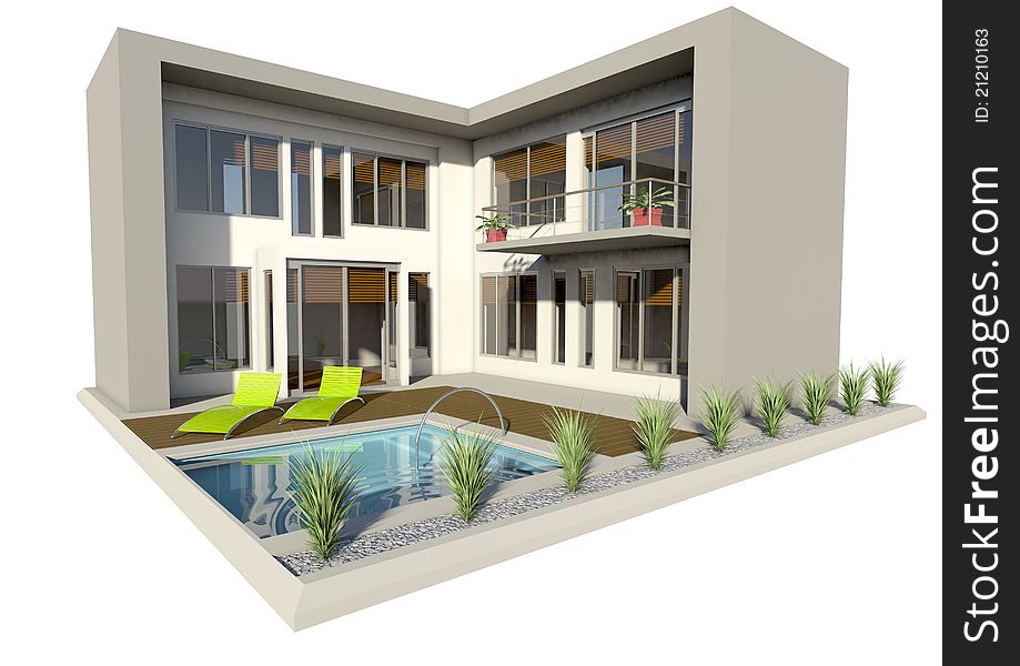 A modern double story house with large glass windows and doors as well as a wooden deck and small pool