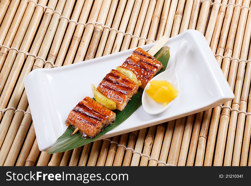 Japanese asian skewered seafoods .eel. Japanese asian skewered seafoods .eel