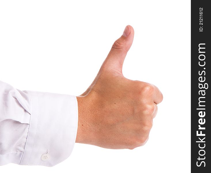 Businessman's hand with thumb up on white