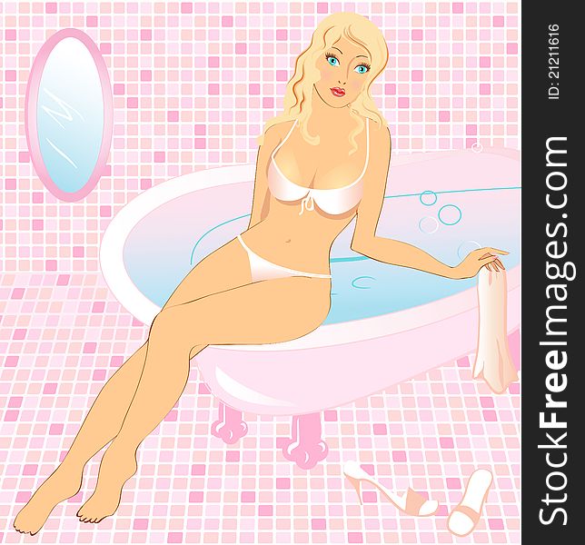 Pretty blond girl in bikini is sitting on the bath. Pretty blond girl in bikini is sitting on the bath