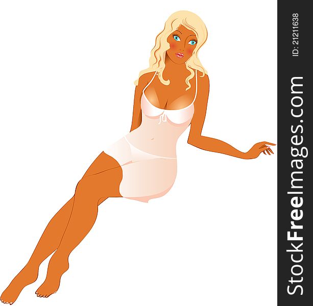 Suntanned blond girl in a night dress is siting