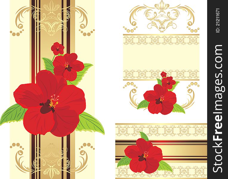 Red flowers on the decorative ribbon with ornament. Set for design. Illustration