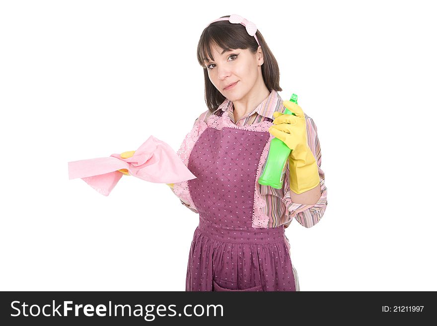 Young adult woman doing housework over white background