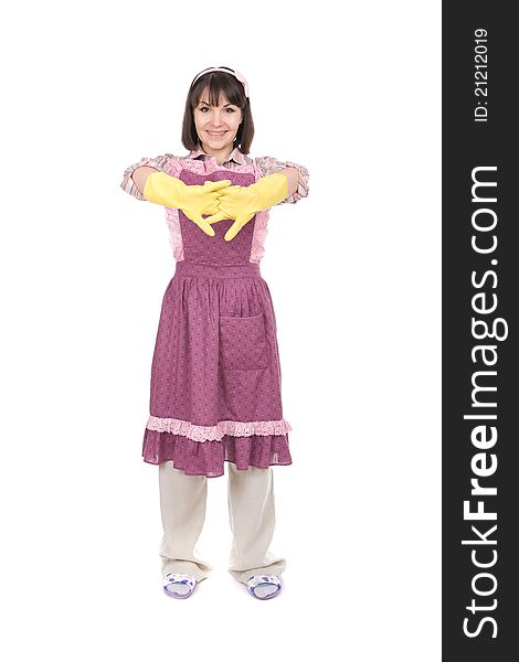 Young adult woman doing housework over white background