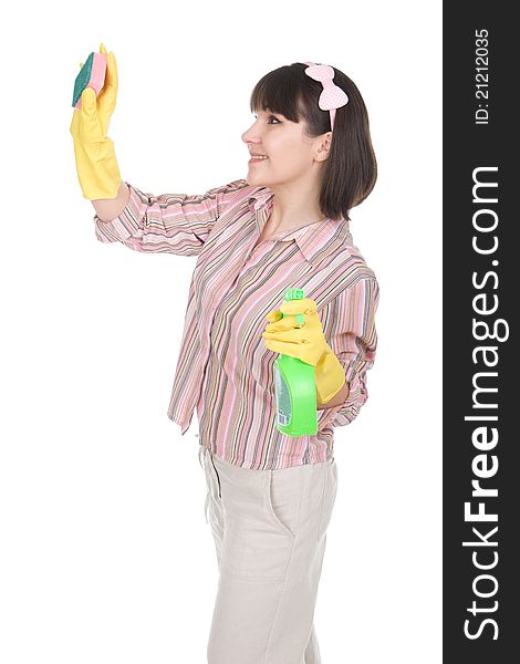 Young adult woman doing housework over white background