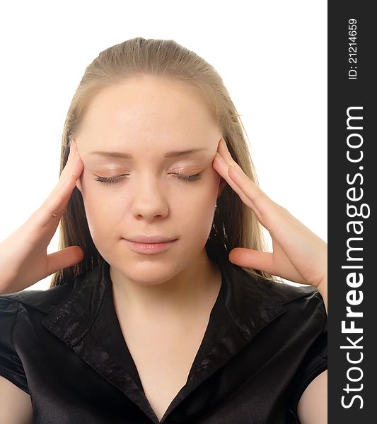 Girl having head ache over white background