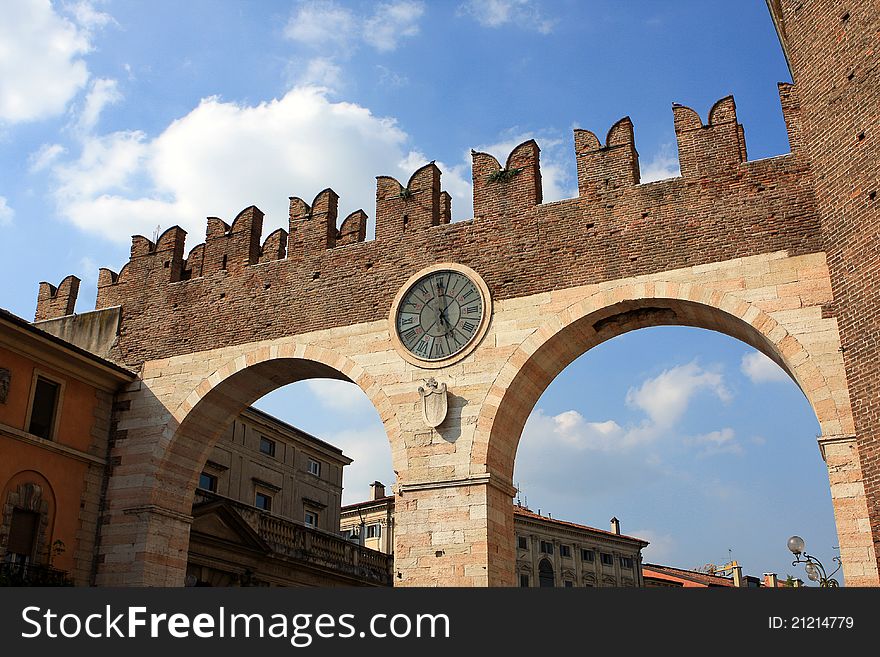 Ancient gate withe the clock, Verona, Italy. Ancient gate withe the clock, Verona, Italy