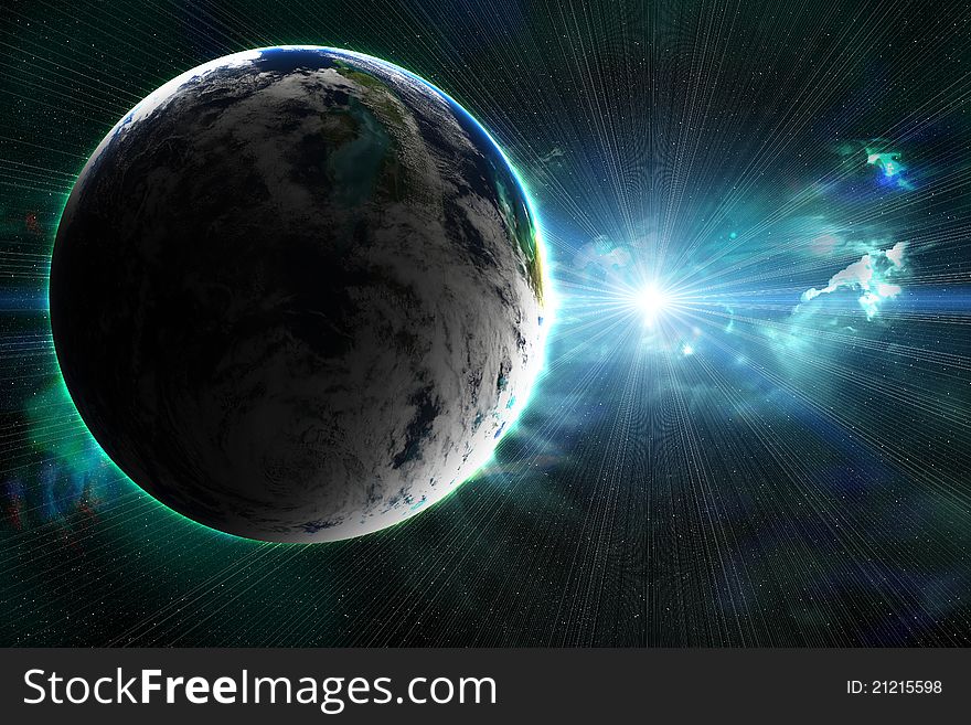 Planet with a flash of sun, abstract background