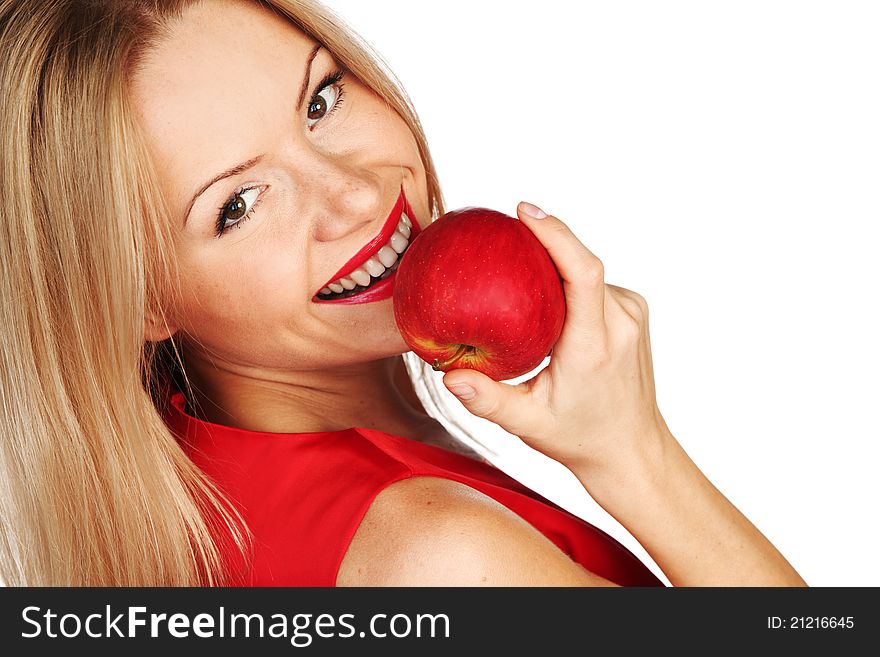 Woman eat red apple on white background. Woman eat red apple on white background