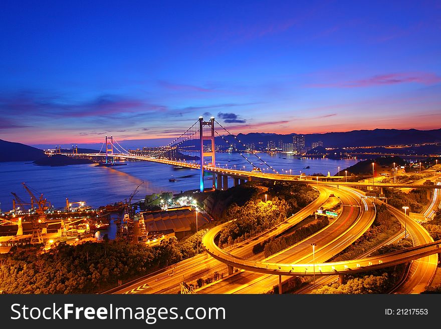 Tsing Ma Bridge At Sunset Time In Hong Kong