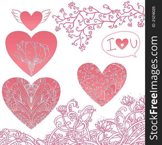 Romantic elements vector set: hearts