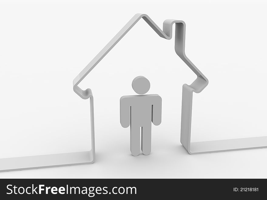 House shape with man inside. Computer generated image.