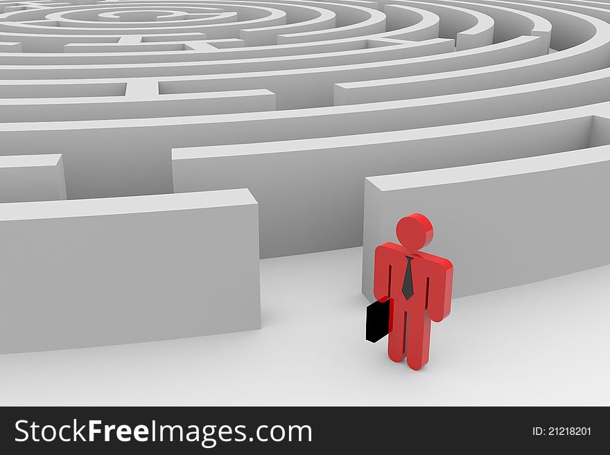 Businessman near entrance of round maze. Computer generated image.