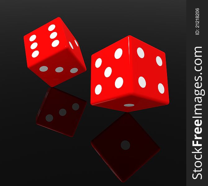 Red dices on black glossy surface. Computer generated image.