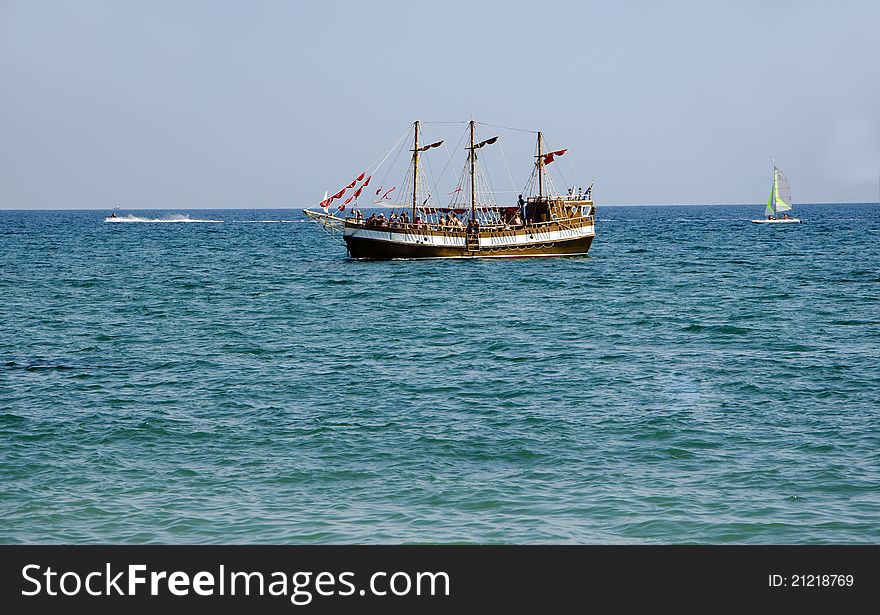 Cruiser with tourists in sea