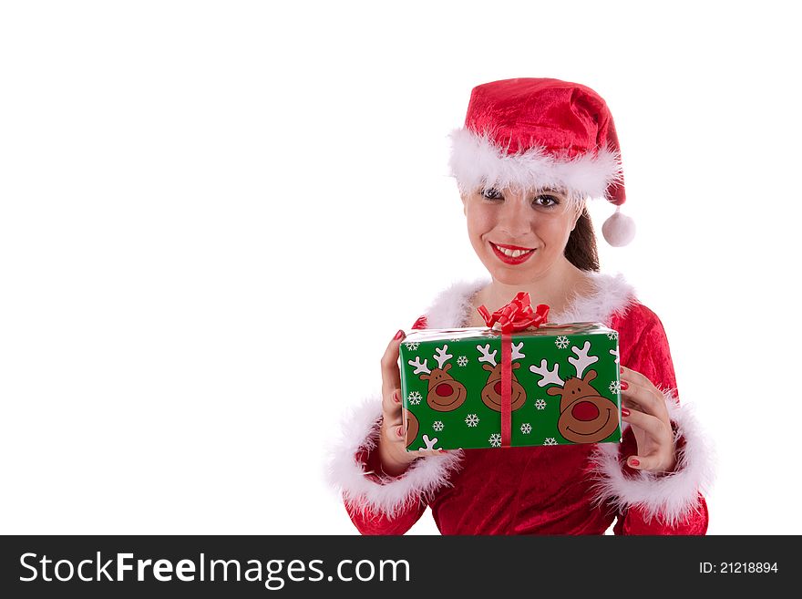Santa Claus has a gift box in her hands. Santa Claus has a gift box in her hands