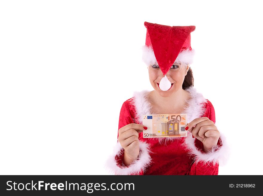 Santa Claus has notes in her hand. Santa Claus has notes in her hand
