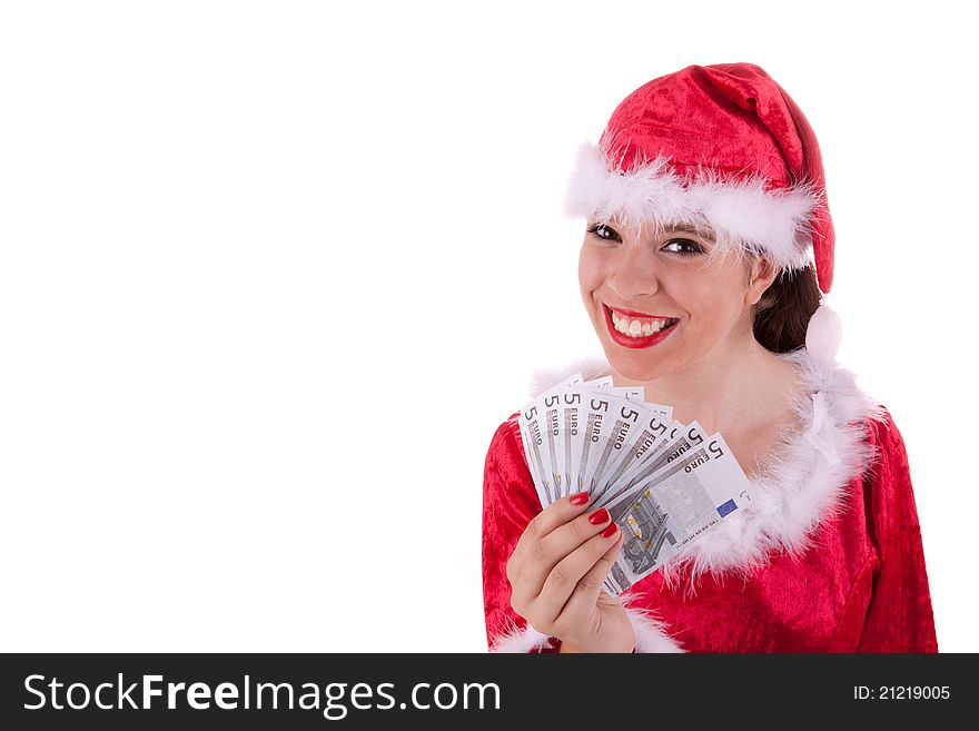 Santa Claus has notes in her hand. Santa Claus has notes in her hand
