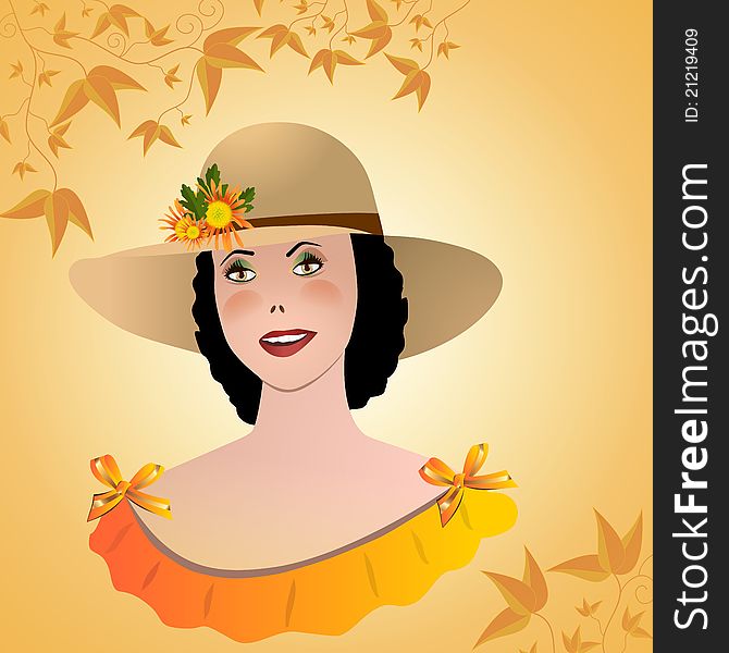 Portrait of a young woman with hat on autumn background, vector format. Portrait of a young woman with hat on autumn background, vector format