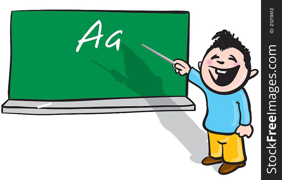 Cartoon illustration of a little student standing in front of a blackboard.