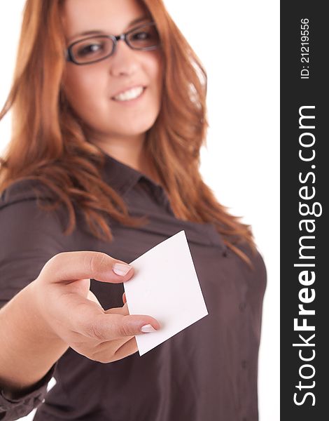 Woman holding empty white card