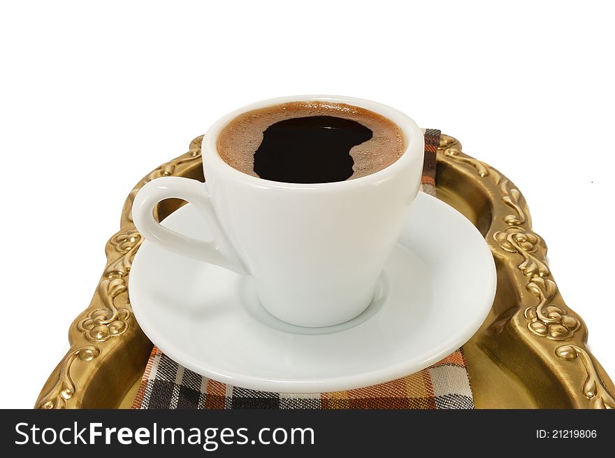 Tray with a cup of coffee on a napkin on a white background. Tray with a cup of coffee on a napkin on a white background