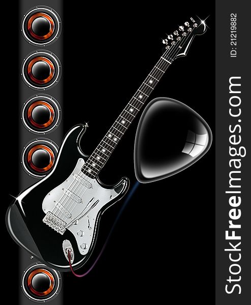 Electric guitar on black background with woofer and plectrum. Electric guitar on black background with woofer and plectrum