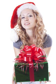Pretty Santa Girl With A Present Gift For New Year Royalty Free Stock Photography Pretty Santa Girl With A Present Gift For New Year Royalty Free Stock Photography